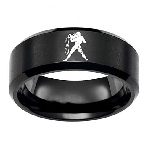 PAMTIER Herren Sternzeichen Ring Schwarz 8mm Ehering Horoskop Tierkreiszeichen Einfach Wassermann Größe 60 von PAMTIER