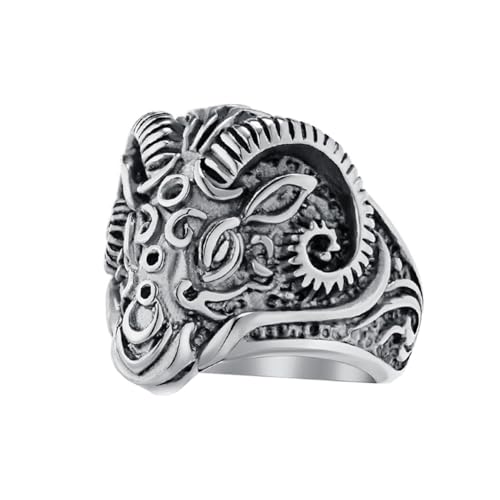 PAMTIER Herrenringe Vintage Gothic Edelstahl Ringe Widder Schaf Ziege Kopf Horn Biker Ringe Punk Style Silber Größe 62 (19.7) von PAMTIER