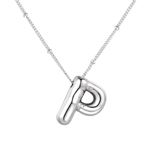 PAMTIER Initial Bubble Halsketten für Frauen A-Z Buchstabe Name Gold Plated Edelstahl Klobig Anhänger Personalisiert Statement Zartes Alphabet Charm Elegant Zierlich Schmuck Silber Brief P von PAMTIER
