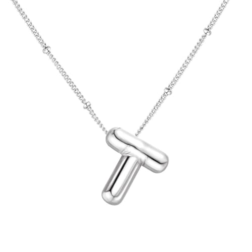 PAMTIER Initial Bubble Halsketten für Frauen A-Z Buchstabe Name Gold Plated Edelstahl Klobig Anhänger Personalisiert Statement Zartes Alphabet Charm Elegant Zierlich Schmuck Silber Brief T von PAMTIER