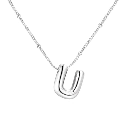 PAMTIER Initial Bubble Halsketten für Frauen A-Z Buchstabe Name Gold Plated Edelstahl Klobig Anhänger Personalisiert Statement Zartes Alphabet Charm Elegant Zierlich Schmuck Silber Brief U von PAMTIER