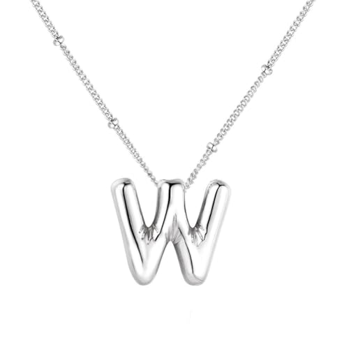 PAMTIER Initial Bubble Halsketten für Frauen A-Z Buchstabe Name Gold Plated Edelstahl Klobig Anhänger Personalisiert Statement Zartes Alphabet Charm Elegant Zierlich Schmuck Silber Brief W von PAMTIER