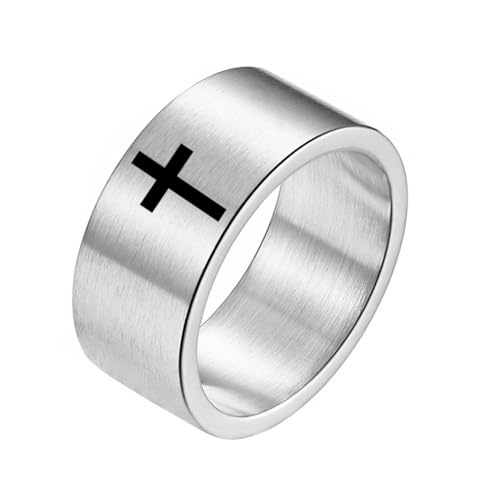 PAMTIER Männer 10mm Edelstahl Kreuz Ring Christliches Kreuz Klassisches Schlichtes Ehering Statement Jahrestag Ring Silber Größe 60 (19.1) von PAMTIER