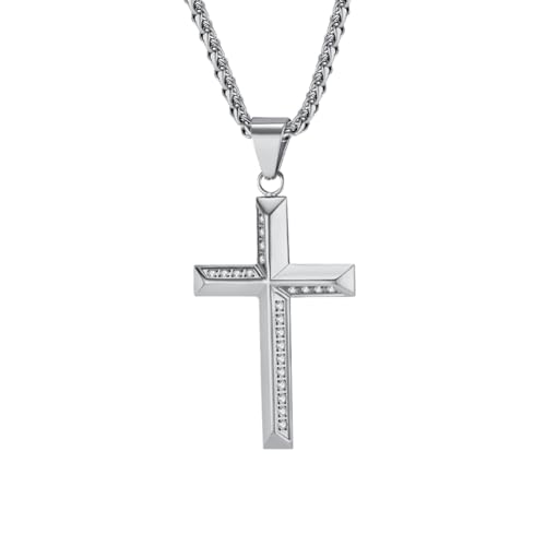 PAMTIER Männer Edelstahl Kreuz Anhänger Halskette Cubic Zirconia Plain Poliert Silber mit Kette von PAMTIER