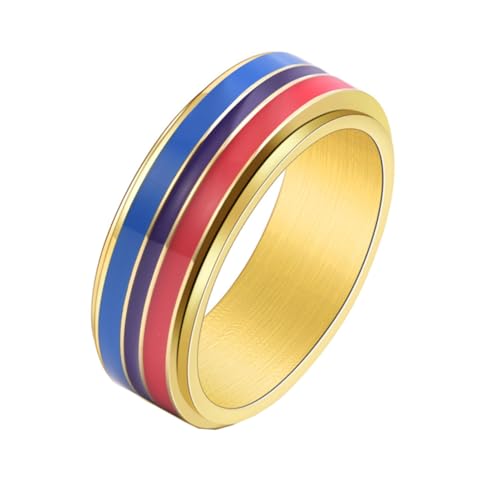 PAMTIER Männer Edelstahl Regenbogen Stolz Spinner Ring LGBTQ Angst Stress Relief Hochzeit Band Bisexuell 8mm Gold Plattiert 54 (17.2) von PAMTIER