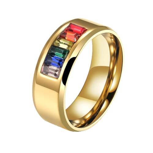 PAMTIER Männer Edelstahl Ring LGBT Stolz Regenbogen Aussage Ringe LGBTQ 8MM Regenbogen kubischer Zirkonia Hochzeit Bands Gold 54 (17.2) von PAMTIER
