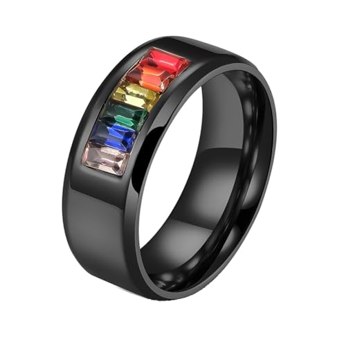 PAMTIER Männer Edelstahl Ring LGBT Stolz Regenbogen Aussage Ringe LGBTQ 8MM Regenbogen kubischer Zirkonia Hochzeit Bands Schwarz 50 (15.9) von PAMTIER