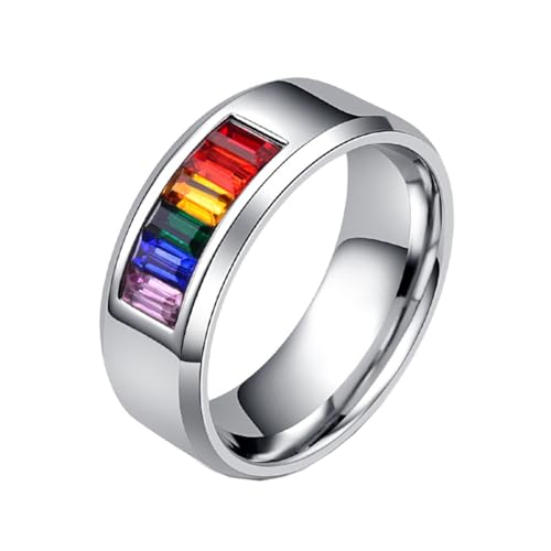 PAMTIER Männer Edelstahl Ring LGBT Stolz Regenbogen Aussage Ringe LGBTQ 8MM Regenbogen kubischer Zirkonia Hochzeit Bands Silber 54 (17.2) von PAMTIER