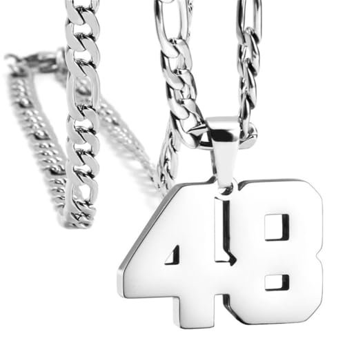 PAMTIER Men's Ketten Zahlenkette Edelstahl Delicate Anhänger Statement Personalised Schmuck Silber Zahl 48 von PAMTIER