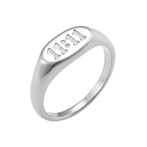 PAMTIER Ovaler Edelstahl Siegelring mit 11:11 Engelszahl Gravur Minimalistisches Statement Band Silber Größe 57 von PAMTIER