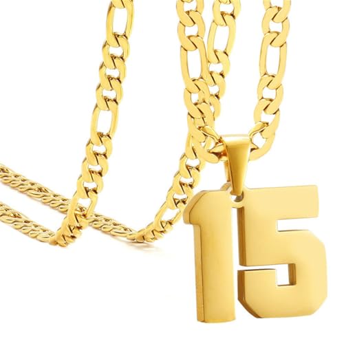 PAMTIER Unisex Edelstahl Klassisch Einfaches Personalisiertes Sportler Nummer Anhänger Sport Halskette Gold 15 von PAMTIER
