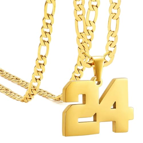 PAMTIER Unisex Edelstahl Klassisch Einfaches Personalisiertes Sportler Nummer Anhänger Sport Halskette Gold 24 von PAMTIER