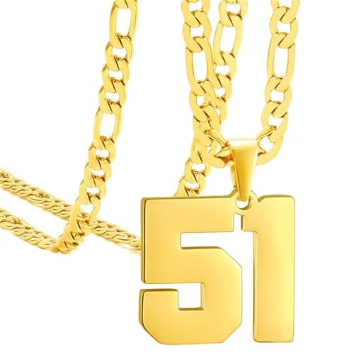 PAMTIER Unisex Edelstahl Klassisch Einfaches Personalisiertes Sportler Nummer Anhänger Sport Halskette Gold 51 von PAMTIER
