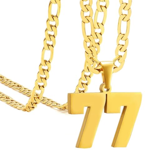 PAMTIER Unisex Edelstahl Klassisch Einfaches Personalisiertes Sportler Nummer Anhänger Sport Halskette Gold 77 von PAMTIER