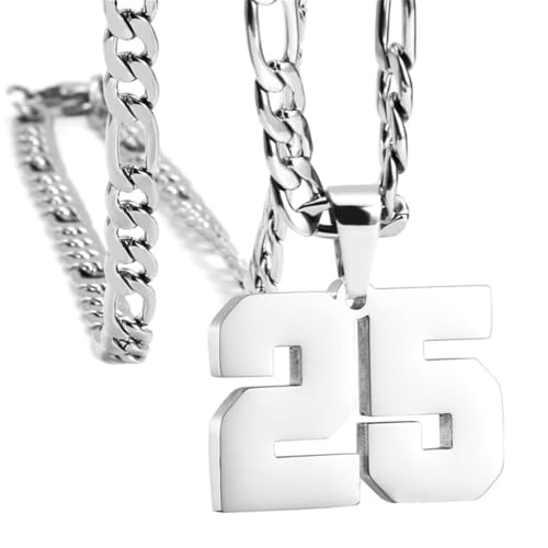 PAMTIER Unisex Edelstahl Klassisch Einfaches Personalisiertes Sportler Nummer Anhänger Sport Halskette Silber 25 von PAMTIER