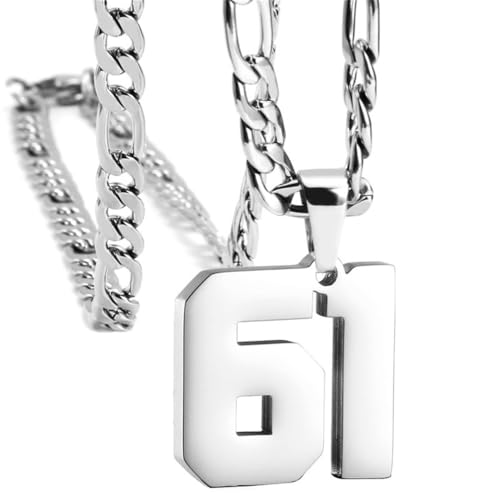 PAMTIER Unisex Edelstahl Klassisch Einfaches Personalisiertes Sportler Nummer Anhänger Sport Halskette Silber 61 von PAMTIER