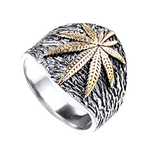 PAMTIER Unisex Edelstahl Minimalistischen Retro Ring Marihuana Blatt Geschnitzt Gold Größe 70 von PAMTIER