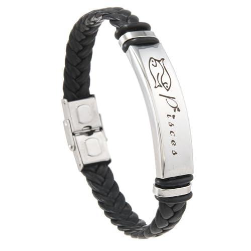 PAMTIER Zodiac Sign Armbänder für Männer Edelstahl Horoscope Gewebtes Leder Punk Constellation Geflochtenes Handgelenk Seil Schmuck Fische von PAMTIER