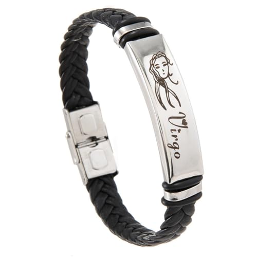 PAMTIER Zodiac Sign Armbänder für Männer Edelstahl Horoscope Gewebtes Leder Punk Constellation Geflochtenes Handgelenk Seil Schmuck Jungfrau von PAMTIER