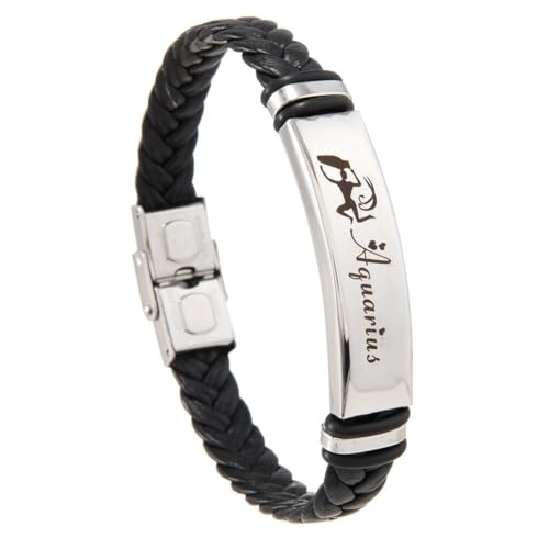 PAMTIER Zodiac Sign Armbänder für Männer Edelstahl Horoscope Gewebtes Leder Punk Constellation Geflochtenes Handgelenk Seil Schmuck Wassermann von PAMTIER