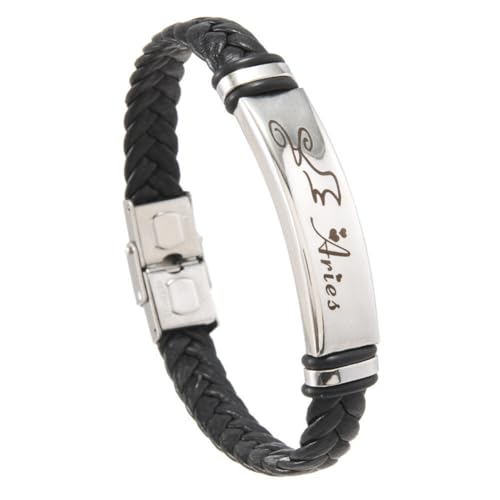 PAMTIER Zodiac Sign Armbänder für Männer Edelstahl Horoscope Gewebtes Leder Punk Constellation Geflochtenes Handgelenk Seil Schmuck Widder von PAMTIER