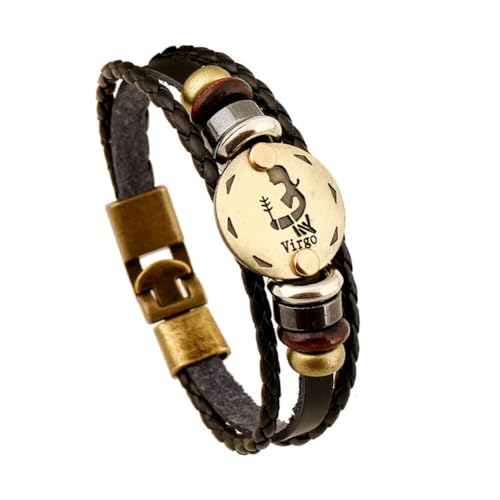 PAMTIER Zodiac Sign Armbänder für Männer und Frauen Edelstahl Horoscope Gewebtes Leder Punk Constellation Geflochtenes Handgelenk Seil Schmuck Jungfrau Länge 22,5 cm von PAMTIER