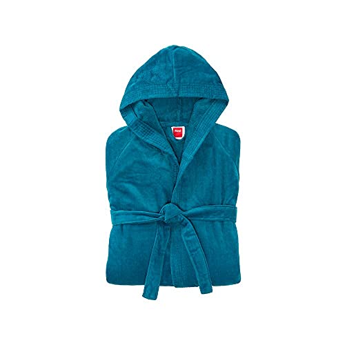 PANA® Velour Unisex Baumwolle Bademantel mit Kapuze • Saunamantel Damen • Herren Bademantel mit Kapuze • Bathrobe Men • Knielang • Größe: 2XLarge • Farbe: Petrol von PANA
