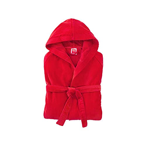 PANA MIAMI Velour Unisex Baumwolle Bademantel mit Kapuze • Saunamantel • Damen Bademantel • Herren Bademantel mit Kapuze • bathrobe men • weiches Material • knielang • Größe: Medium • Farbe: Tomato von PANA