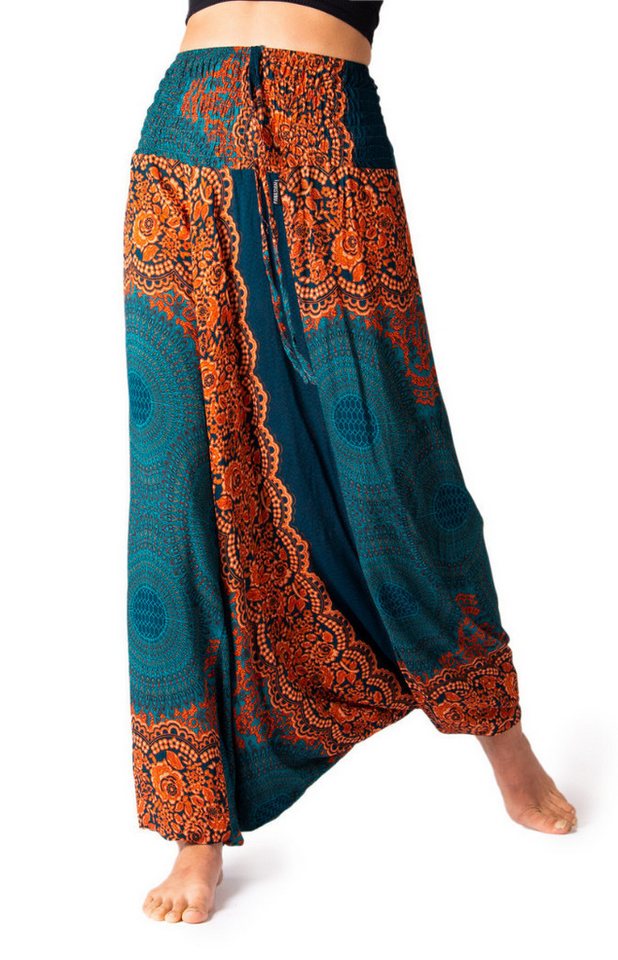 PANASIAM Relaxhose Aladinhose im schönen Peacock Design Haremshose aus 100% natürlicher Viskose auch als Overall tragbar Damen Pumphose bequeme Freizeithose von PANASIAM