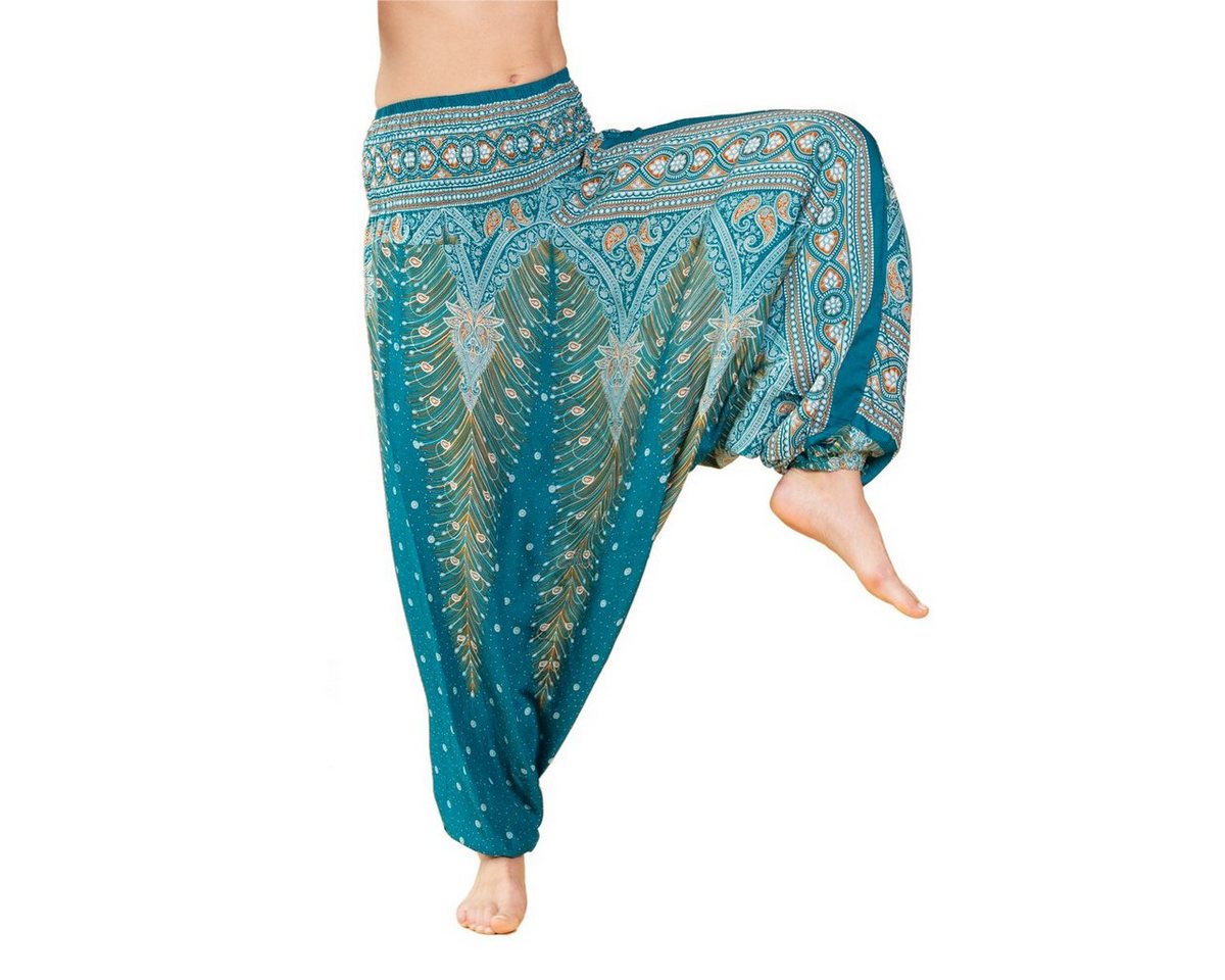 PANASIAM Relaxhose Aladinhose im schönen Peacock Design Haremshose aus 100% natürlicher Viskose auch als Overall tragbar Damen Pumphose bequeme Freizeithose von PANASIAM