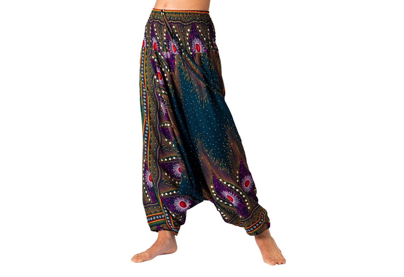 PANASIAM Relaxhose Aladinhose im schönen Peacock Design Haremshose aus 100% natürlicher Viskose auch als Overall tragbar Damen Pumphose bequeme Freizeithose von PANASIAM