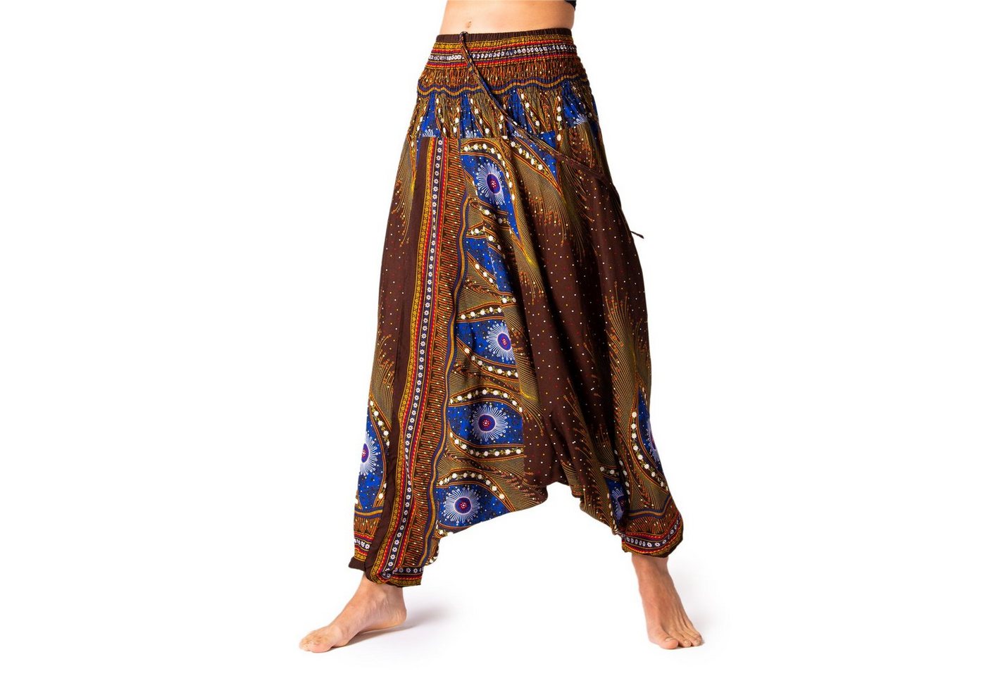 PANASIAM Relaxhose Aladinhose im schönen Peacock Design Haremshose aus 100% natürlicher Viskose auch als Overall tragbar Damen Pumphose bequeme Freizeithose von PANASIAM