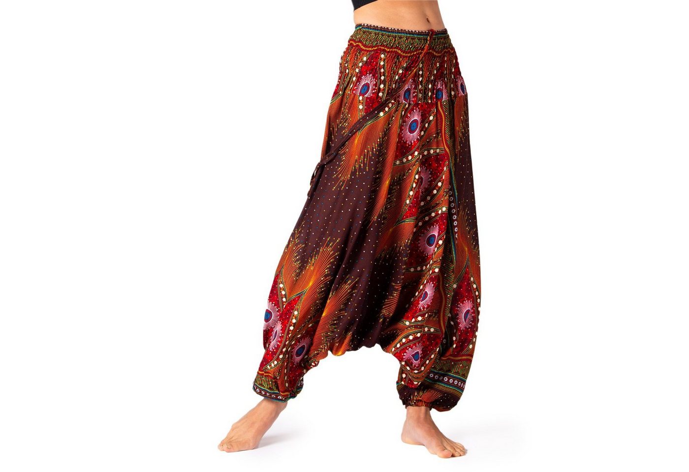 PANASIAM Relaxhose Aladinhose im schönen Peacock Design Haremshose aus 100% natürlicher Viskose auch als Overall tragbar Damen Pumphose bequeme Freizeithose von PANASIAM