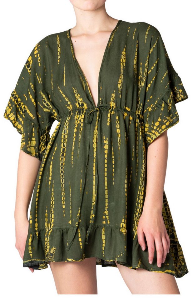 PANASIAM Tunikakleid kurzes Sommerkleid aus natürlicher Viskose mit V Ausschnitt Boho-Kleid Damen Strandkleid Minidress mit Volants Ethno Beach Dress Tunikakleid von PANASIAM