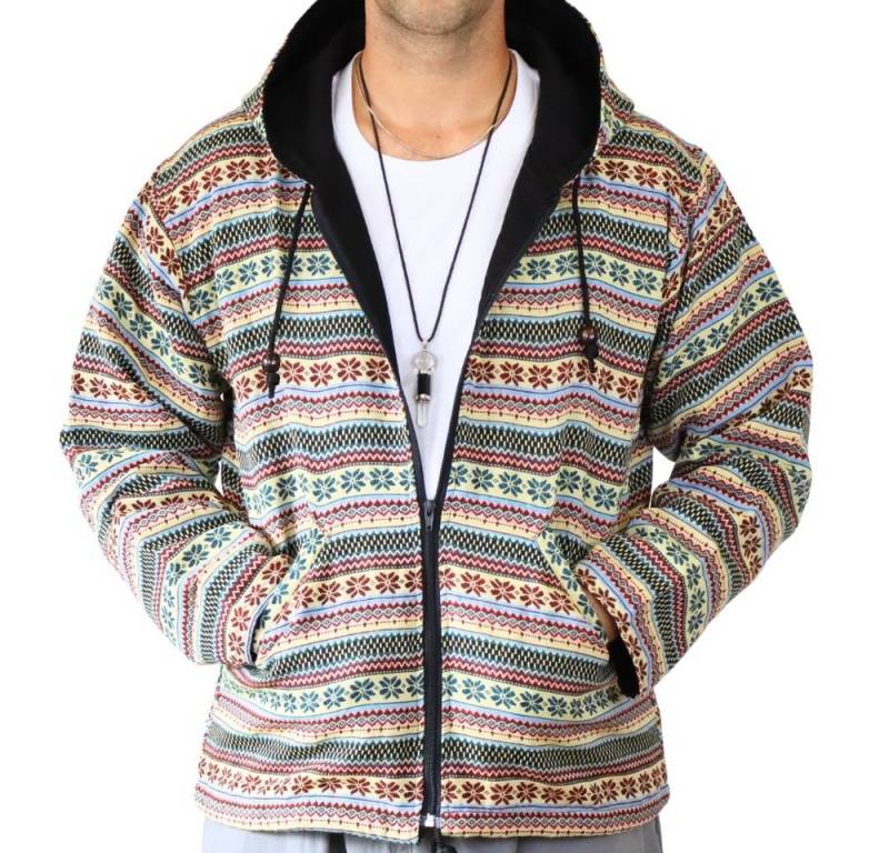 PANASIAM Wolljacke Webstoffjacke mit Ethno Muster, Unisex Übergangsjacke aus Baumwolle mit Kapuze Stoffjacke für den Herbst von PANASIAM