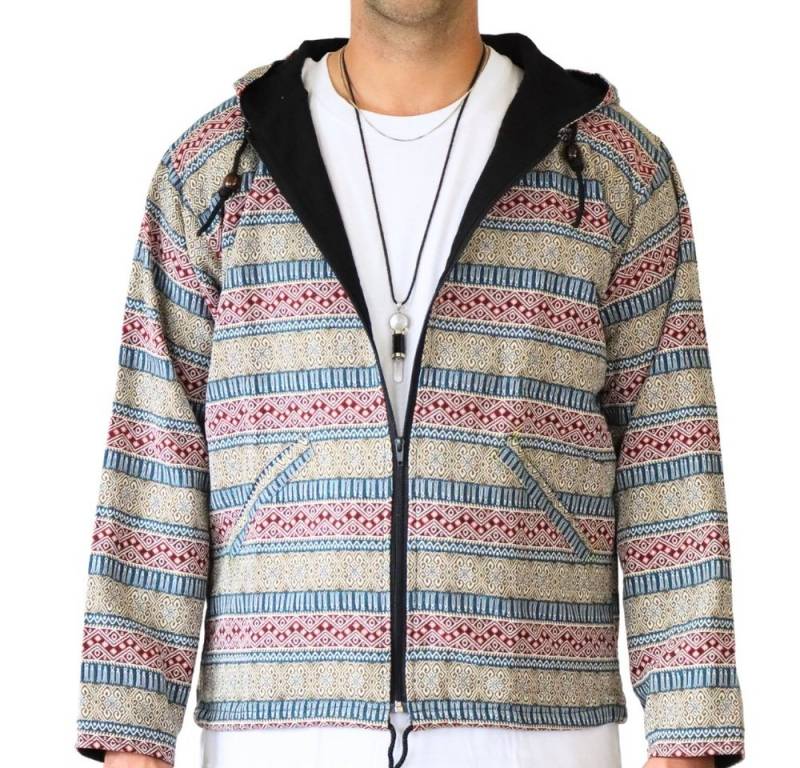PANASIAM Wolljacke Webstoffjacke mit Ethno Muster, Unisex Übergangsjacke aus Baumwolle mit Kapuze Stoffjacke für den Herbst von PANASIAM