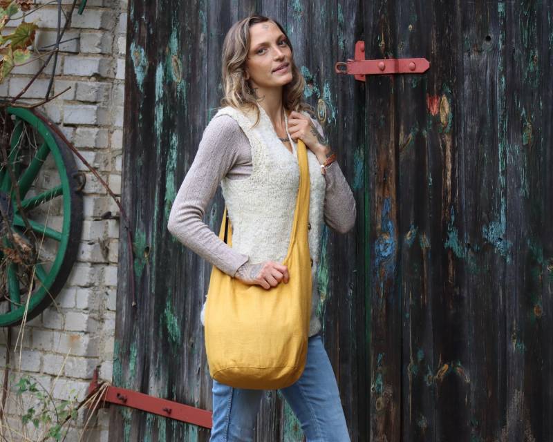 Panasiam Schulterbeutel Unicolor - 100% Baumwolle, Reisetasche Handtasche Schultertasche Reißverschluss & Holzknopf, Separate Innentasche von PANASIAM