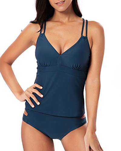 PANAX Angesagter Damen Badeanzug 2 Teilig Tankini mit V-Ausschnitt - Bügellose Swimwear mit vorgeformten Softcups und Shaping-Effekt Raffungen in Unifarben Navy, Größe L von PANAX