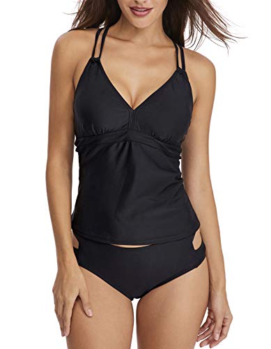 PANAX Angesagter Damen Badeanzug 2 Teilig Tankini mit V-Ausschnitt - Bügellose Swimwear mit vorgeformten Softcups und Shaping-Effekt Raffungen in Unifarben Schwarz, Größe XL von PANAX