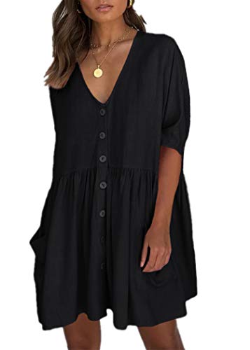 PANAX Damen Baumwolle Strandkleid Einreiher Strandponcho Schwarz von PANAX