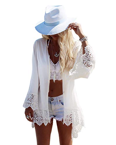 PANAX Damen Strand Chiffon Cardigan Weiß mit Spitze - Sommer Urlaub Poncho Bikini Cover up von PANAX