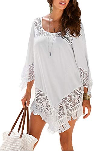 PANAX Damen Strand Shirtkleid Spitz Bikini Cover up Sommer Poncho Weiß von PANAX