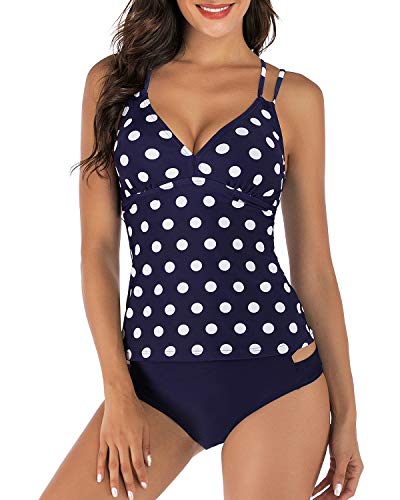 PANAX Damen Tankini Bademode Zweiteiler Badeanzug Strand Swimwear Swimsuits Mode Beachwear Marine mit Weiße Punkte, Größe L von PANAX