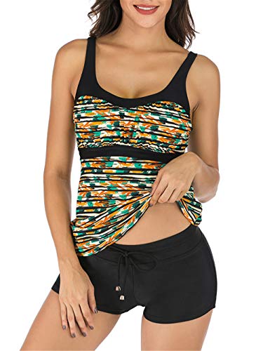 PANAX Damen Tankini Oberteil Bademode Badeanzug Strandbekleidung Swimwear Mode Beachwear Sporttop Frauen Bekleidung Alltag (Nur Tankini Oberteil) Gelb bunt, Größe M von PANAX