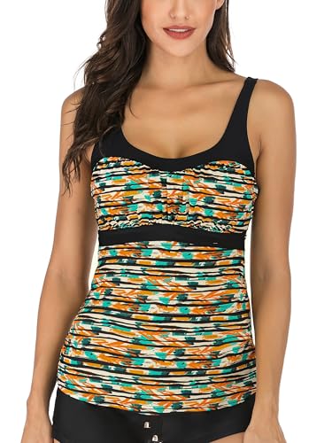 PANAX Damen Tankini Oberteil Bademode Badeanzug Strandbekleidung Swimwear Mode Beachwear Sporttop Frauen Bekleidung Alltag (Nur Tankini Oberteil) Gelb bunt, Größe XL von PANAX