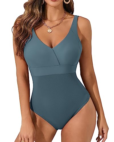 PANAX Damen Einteiliger Badeanzug mit tiefem V-Ausschnitt und U-Rücken, Bademode mit Innenfutter für Strand und Pool Blau, XL von PANAX