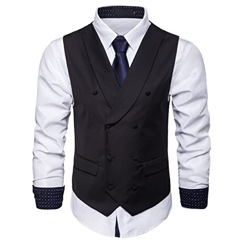 PANBOB Anzug Weste Herren Leistung Bühne Hochzeit Moderner Herren Blazer Zweireiher Business Casual Slim Fit Mit Tasche Langarm Kent Kragen Herren Anzug C-Black 3XL von PANBOB