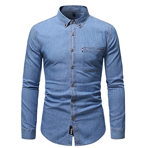 PANBOB Hemd Herren Slim Fit Frühling Herren Casual Denim Langarmhemd Jugend Herren Multi-Pocket Herren Freizeithemd C-Blue2 L von PANBOB
