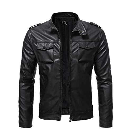 PANBOB Jacke Herren Regular Fit Einfarbig Stehkragen Lederjacke Herren Business Lässig Punk Style Motorradjacke Herren Frühling Herbst Wind- Und Wasserdicht Übergangsjacke Herren B-Black XXL von PANBOB