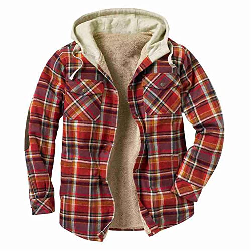 PANBOB Jacke Herren Regular Fit Plus Fleecefutter Kariert Jacke Herren Herbst Winter Verdicken Übergangsjacke Herren Klassisch Lassig Kapuzenjacke Herren A-Red XXL von PANBOB